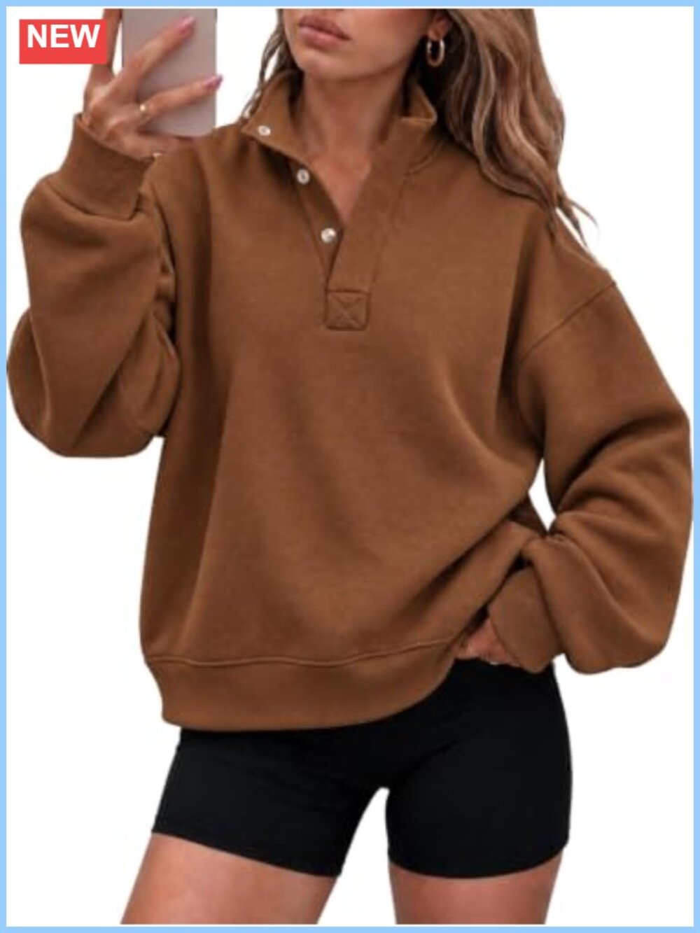 Cropped Fleece Pullover Mock Neck Oversized Sweatshirt Snap Button Women